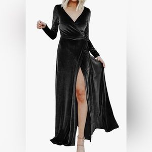 UZN Women’s Velvet Long Sleeve V-Neck Maxi Dress with Slit